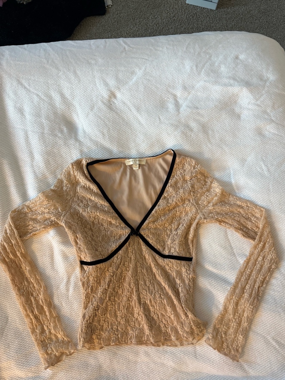 Sheer Lace Long-Sleeve Top with Black Trim - Nude